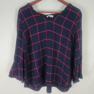 B Skies are Blue‎ Shirt Womens 2X Sleepwear Top Plaid Long Bell Sleeve V Neck